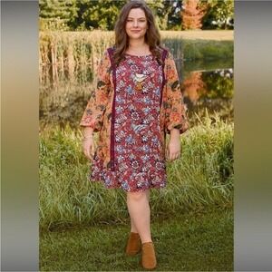 Boho Patchwork Floral Print Long Sleeve Dress Women Casual Boho Chic‎
